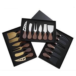 Jaswehome Premium Exquisite Cheese Knives Set Rostfritt stålgaffel Spridare Collection Walnut Handle Slicer med presentförpackning 240226