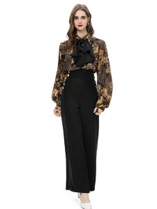 Kvinnors uppsättningar Spring Autumn High Quality Fashion Party Print Loose Shirt Black Casual Long Pants Office Chic Luxury Two Piece Set