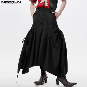 Dresses INCERUN Men Skirts Solid Color Button Pleated Lace Up Loose Unisex Irregular Skirts Streetwear 2023 Fashion Men Bottoms S5XL