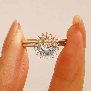 Cluster-Ringe Vintage glänzender blauer Kristall Mond Sonne passend für Frauen Männer 2024 trendiger stapelbarer offener verstellbarer Ring Paar Schmuck Bague