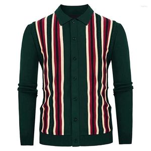 Camicie eleganti da uomo Camicia lavorata a maglia con stampa a righe a colori a contrasto Camicia da uomo a maniche lunghe slim in maglia Primavera Vintage Patchwork Bottone con risvolto