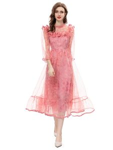 Klänningar lyxiga kvinnors vår sommaren högkvalitativ modeparty rosa tryckt ruffle casual ganska klassisk transparent midi klänning