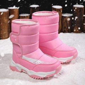 722 Walking Shoes Boy's Girl's Winter Warm Fur Lining Non-slip Leather Snow Ankle Flat Waterproof Outdoor Durable Plush Boots for Kids 43115