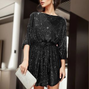 Dress Glitter Sequin Dress Prom Womens Puff Long Sleeve with Belt Evening Wedding Bridesmaid Sparkly Loose Fit Mini Short Dresses