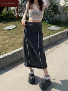 Skirts Slergiri American Retro Frayed Hem Denim Skirt Women Streetwear Y2k Side Buttoned High Waist Straight Jean Long