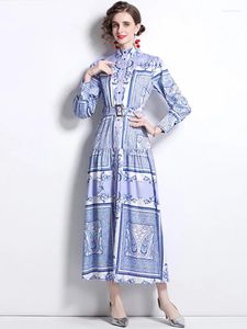 Casual Dresses 2024 Spring Runway Designer Retro Woman Long Dress Elegant Vintage Totem Printed Sleeve Pleated Ladies Party Vestidos