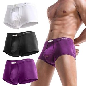 Cuecas masculinas leves respirável modal aberto fly boxer briefs homens anti-atrito perna curta mens tagless separado bolsa dupla