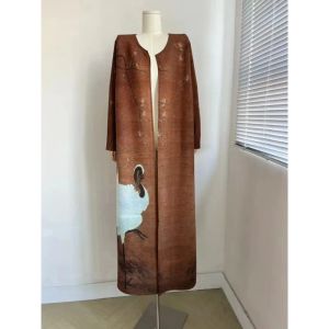 Trench Miyake Pleated Women's Long Coat Autumn/Winter New Vintage Print Dark Brown Cardigan Dress Loose Plus Size Robe