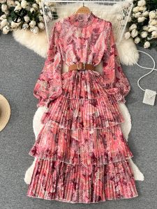 Dresses Singreiny High Quality Summer Print Dress Women Stand Collar Paisle Chiffon Cake Sundress Ladie Party Floral Vintage Beach Dress