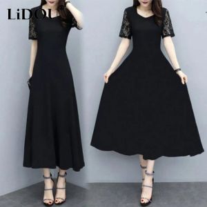 Klänning sommar mode elegant spets lapptäcke ankel längd vestido kvinnor överdimensionerad kort ärm svart mantel femme smal långvarig klänning