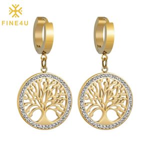 FINE4U Huggie Hoop Tree of Life Earrings Stainless Steel Tree Pendants Drop Dangle Earrings for Women Girls Jewelry Gifts 240227