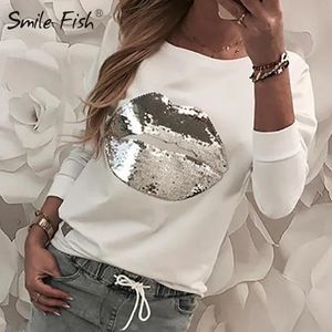 Spring Women Tops Cequine Lip T-shirty Czarne białe, swobodne koszulki Femme O-Neck Długie rękawy Tshirty G1113 240228