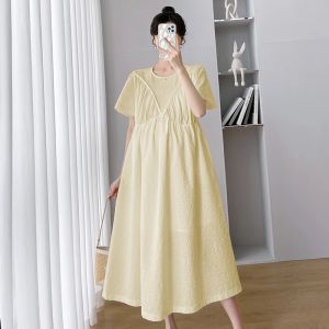 Vestidos longos soltos para mulheres grávidas, vestido de verão doce manga curta, pescoço plus size, vestido breve de maternidade, vestido feminino de escritório, amarelo e branco