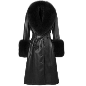 Jackets YOLOAgain Plus Size 5XL Removable Real Fox Fur Collar Cuffs Genuine Leather Jacket Trench Coat Women Autumn Elegant