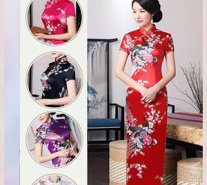 Heißer Verkauf Neue Chinesische Art Frauen Seide Satin Tang-anzug Cheongsam Frühling Sommer Lange Röcke Damen Sexy Druck Kleid Abend Party Kleider QiPao Größe S-6XL