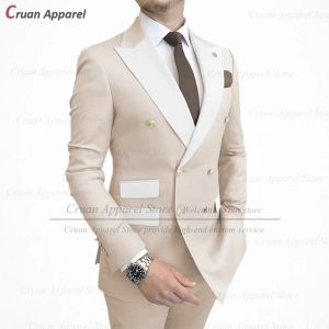 Suits Moda Bej Erkekler İçin Takım Elbise 2 Parça Tailormade En İyi Adam Groom Balo Düğün Smokin 2023 Resmi Çift Göğüslü Ceket Pantolon Seti