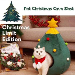 Scratchers Casa per gatti per albero di Natale |Cuccia natalizia per cani e gatti |Tappetino per gatti della spazzatura della tenda della caverna del gatto della casa dell'animale domestico di forma dell'albero del nido morbido portatile