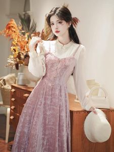 Casual Dresses Retro Romantic Pink Velvet Dress Woman Vintage Chic Design Apricot Patchwork Lady Midi Vestido Festa Robe Rose