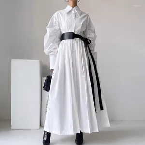 Casual Dresses Superaen 2024 Korean Chic Spring Pointed Collar Pleated Patchwork High Maisted Shirt Dress with Belt