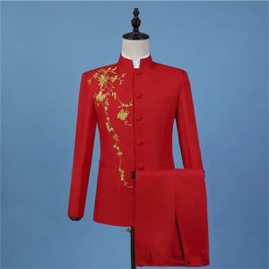 Suits Embroidered Blazer Men Groom Suit Set With Pants Chinese Tunic Marriage Singer Stage Wedding Formal Dress Stand Collar Red Black