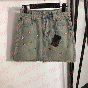 Retro Denim Skirts Color Rhinestone A Line Dress Women Designer High Waist Denim Dress Fashion Light Blue Jean Skirt