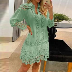 Dresses Spring Long Sleeve Button Office Aline Dress Women Casual Lace Lapel Solid Party Dress Elegant Hollow Embroidered Mature Dress