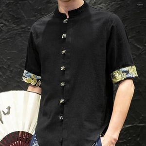 Men's Casual Shirts Patterned Cuff Top Chinese Style Stand Collar Spring Shirt With Printed Single-breasted Knot Buttons Solid Color Mid