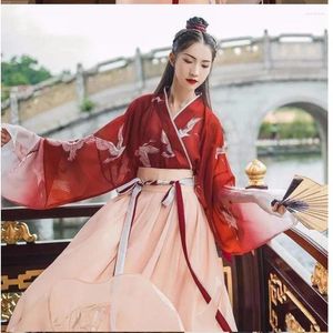 ステージ着用中国の漢園の女の子han古代スタイルの明細とタン伝統的なコスチュームコートスカートスカート年のパフォーマンスドレス