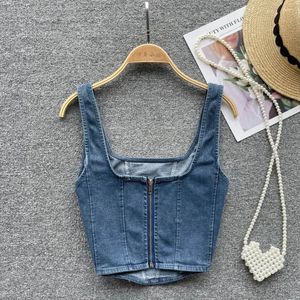 Kvinnors tankar koreanska mode denim blixtlåset lapptäcke camis för kvinnor den Allsmäktige casual ärmlös fyrkantig krage femme korsett skördetank