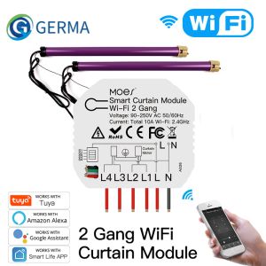 Control GERMA Tuya Smart WiFi 2 Gang Double Curtain Blind Switch Module Roller Shutter Electric Motor Smart Life with Google Alexa Home