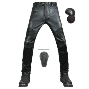 Calças de couro para motocicleta, calças masculinas com equipamento de proteção, calças retas resistentes ao vento, motocross, corrida, xs3xl