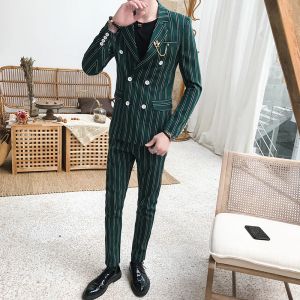 Suits New (Blazer+ Pants) Men's Fashion Business Korean Version Gentleman Casual British Style Double Breasted Pinstripe 2 -Piece Set