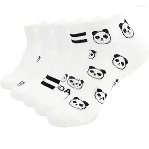 Women Socks 5 Pairs Spring Summer Girl Cute Panda Funny Ankle White Casual Two Stripes Soft Cotton Short Sokken Gift