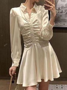 Casual Dresses White Shirt Dress Women Summer Vintage Short Female Elegant Long Sleeve Korean Fashion Button Up Pleated Vestidos