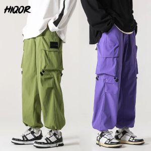 Pants Hiqor Fashion Harem Pants Streetwear Green Big Pocket Overalls Men Spring Harajuku Style Purple Loose Casual Pants Man Trousers