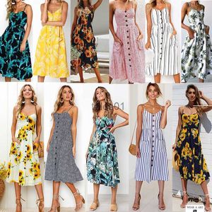Basic Casual Dresses Women Casual Sundress Female Beach Lady Sexy Floral Dresses Girl Button Backless Polka Dot Striped Skirt New Hot 240302