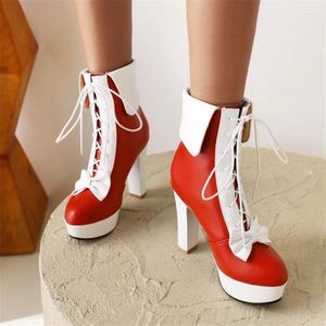 363 Boots Princess Dress Elegant PXELENA Knot Bow Party Evening Wedding Cosplay Ankle Women High Heels Lace Up Winter Shoes Red Pink 905 237
