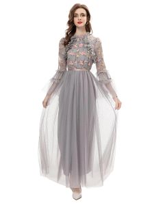 Extravagant Runway Women's Spring High Quality Fashion Party Grey Mesh Embroidered Casual Gorgeous Classic Catwalk Long Dress