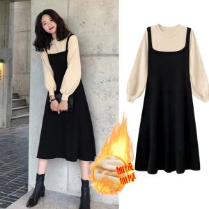 Dresses 2022 winter pregnant women fashion dress long lantern sleeve patchwork black maternity fleece dress preppy style woman clothes