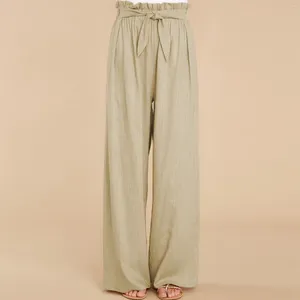 Pantaloni da donna Pantaloni da donna semplici classici con nodo alla cravatta in lino con tasche Allentati a vita media elasticizzati casual