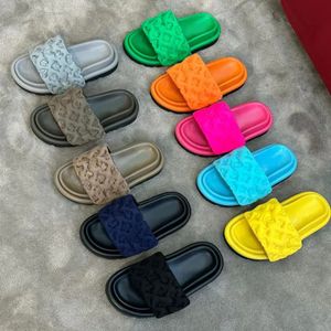 Designer pool glider sandaler mode män kvinnor sommar platt komfort mulor solnedgång front vadderade strand tofflor lyxiga skjutreglage med ruta 35-44