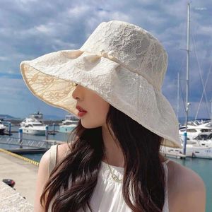 Berets Bucket Chapéu Mulheres Verão Sombrinha Elegante Grande Pescador Cap Floppy Senhoras Lace Flor Protetor Solar Chapéus Femininos