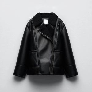 Jackets Fall Winter New Women's Fashion PU Leather Fleece Lining Zipper Long Sleeve Lapel Loose Double Sided Jacket Coat