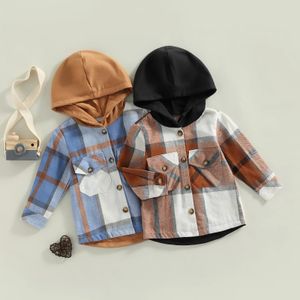 -06-06 Lioraitiin 1-6Years Little Boys Shirt Coat Autumn Toddlers Plaid Long Sleeve Tops Children Hooded Outwear 240223