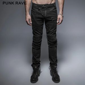 Pantaloni PUNK RAVE Punk Rock Visual Kei Pantaloni lunghi neri Pantaloni con decorazione con cerniera Jeans da uomo al ginocchio con armatura casual alla moda