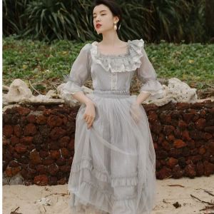 Dress French Vintage Style Fairy Mesh Dress Flare Sleeve Lace Princess Silver Grey Dresses Women Royal Court Night Party Prom Dress