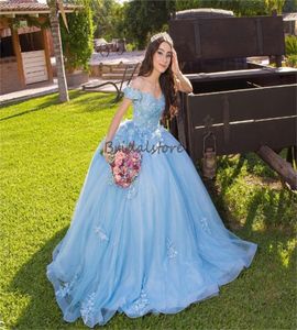 Elegancki niebieski koronkowy vestidos de 15 Quinceanera 2024 Sweetheart Off ramiona długość podłogi Tiul Piętnaście urodzin Sukienka XV Para vestidos de xv anos sweet 16 imprezowa suknia