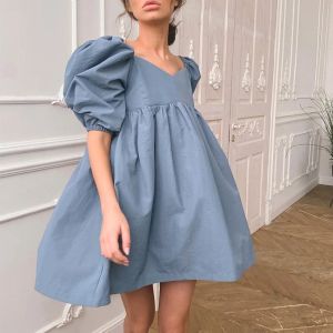 Kleider Frauen Mini Kleider eleganter Quadratkragen Puff Kurzarm hoher Taille Aline Party Kleid Casual Cute Solid Streetwear Sommer 2021