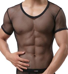 Transparent mesh tyg sexiga män t shirt se genom toppar tees man tshirt v hals singlet gay manlig casual kläder tshirt 2103118490589