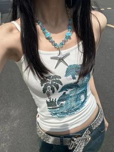 Summer Vintage Rhinestones Tank Tops Women Y2k Eesthetic Streetwear Croped Top Sleeveless Slim Sexy Basic Fashion Causal Tanks 240229